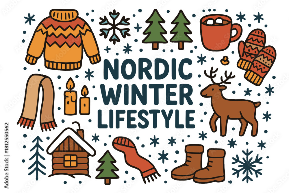 Naklejka premium Nordic Winter Vibes. Nordic winter lifestyle. Hand-drawn doodle illustration of Nordic winter lifestyle. wool