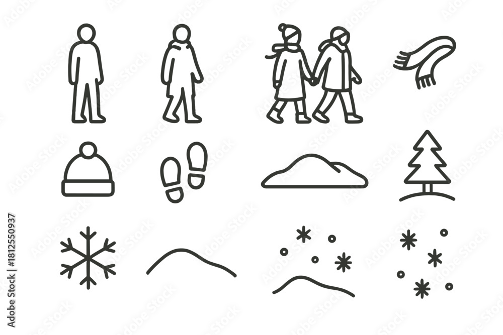 Obraz premium Snowy Couple Silhouettes. Couple walking through snow. Line outline icon set of Couple walking through snow: