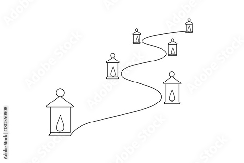 Lantern-Lit Pathway. Lantern-lit pathway. Minimalistic one-line drawing path lined with softly glowing lantern