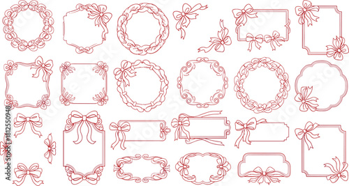 Extensive Hand-Drawn Red Ribbon Frames and Wreaths Set, Elegant Outline Borders with Bows and Swirls, Vintage Design for Christmas Cards, Valentine's Day, and Wedding Invitations.