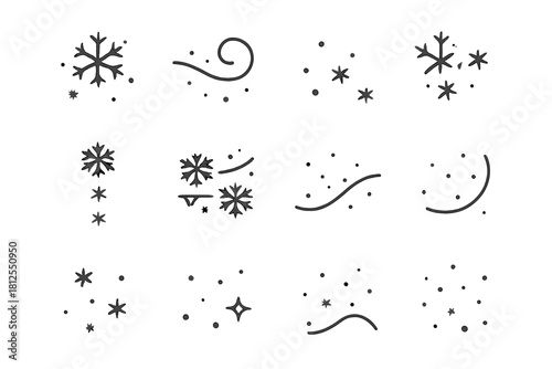 Falling Snow Icons. Falling snow. Line outline icon set of Falling snow: snowflake cluster, soft swirl, tiny