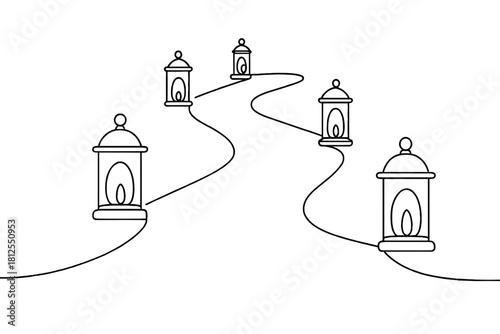 Lantern Path Outline. Lantern-lit pathway. Minimalistic one-line drawing path lined with softly glowing