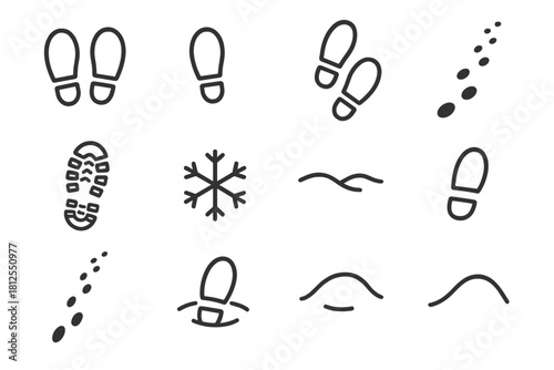 Snow Footprint Icons. Footprints in snow. Line outline icon set of Footprints in snow: pair of footprints,