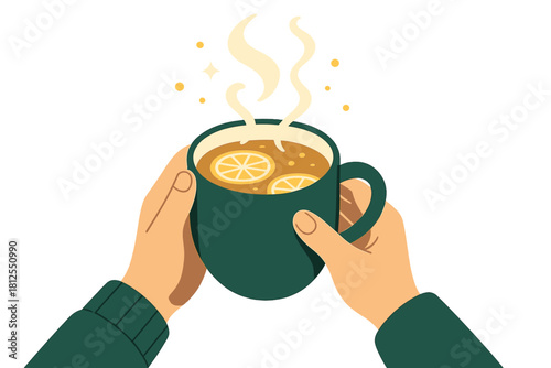 Cozy Cider Ritual. Cider ritual. Hands hold a steaming mug of apple cider with floating citrus slices, steam