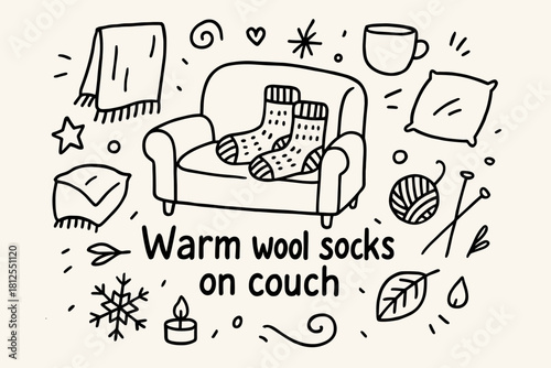 Cozy Woolen Comfort. Warm wool socks on couch. Hand-drawn doodle illustration of Warm wool socks on couch. In