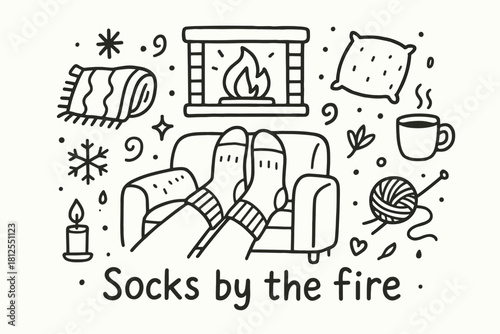 Cozy Socks by Fire. Socks by the fire. Hand-drawn doodle illustration of Socks by the fire. Central doodle