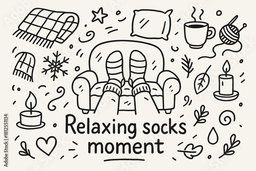 Cozy Socks Relaxation. Relaxing socks moment. Hand-drawn doodle illustration of Relaxing socks moment. Central