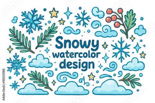 Snowy Watercolor Doodle. Snowy watercolor design. Hand-drawn doodle illustration of Snowy watercolor design.