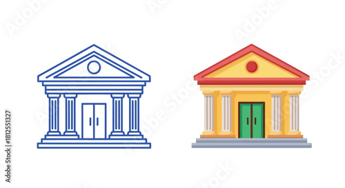 Illustrative depiction of classical building facades in outline and colored styles