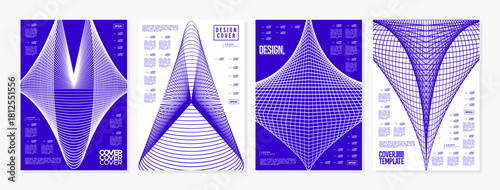Navy blue technology line wireframe shape cover set