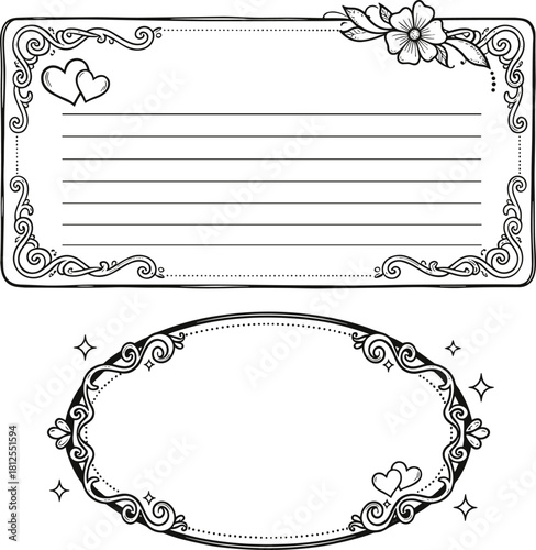Beautiful Hand-Drawn Wedding Frames Set, Elegant Outline Sketch Borders with Floral Swirls and Heart Accents, Lined Template Ideal for RSVP Cards, Love Notes, or Decorative Place Cards.