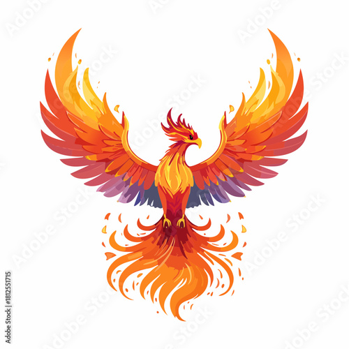 Vibrant Phoenix Bird With Fiery Colorful Wings on White Background
