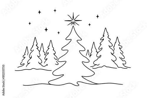 Minimalist Christmas Tree. Winter night Christmas tree. Minimalistic one-line drawing radiant tree with
