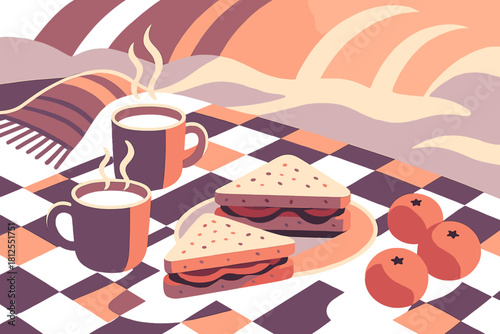 Winter Picnic Delight. Cozy winter spread. A picnic layout with sandwiches, hot drinks, and oranges glows