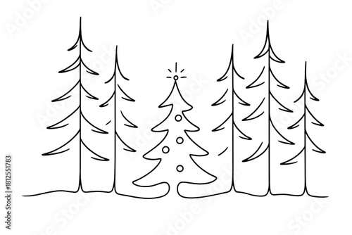 Enchanted Forest Line Art. Enchanted Christmas woods. Minimalistic one-line drawing tree with light hints