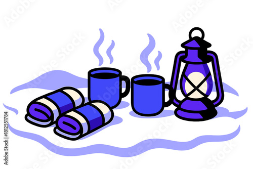 Winter Picnic Scene. Snow-covered blanket scene. Wrapped sandwiches, hot drinks, and a glowing lantern sit on
