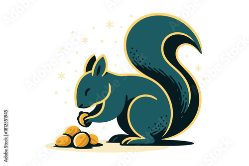 Squirrel's Winter Feast. Nut feast in frost. Tiny snowflakes drift around a squirrel hunched over a pile of