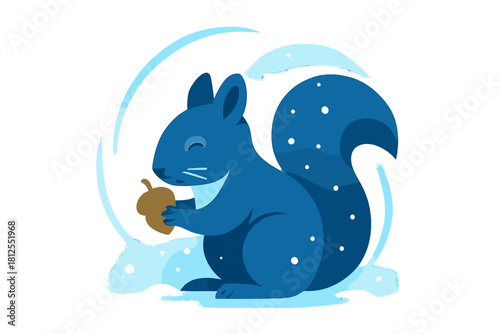 Squirrel's Winter Snack. Forest winter treat. A squirrel lifts an acorn towards its mouth, surrounded by
