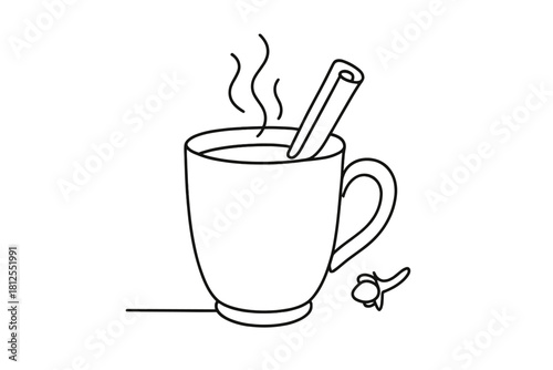 Minimalist Spiced Mug. Warm spiced drink. Minimalistic one-line drawing mug with cinnamon stick and clove