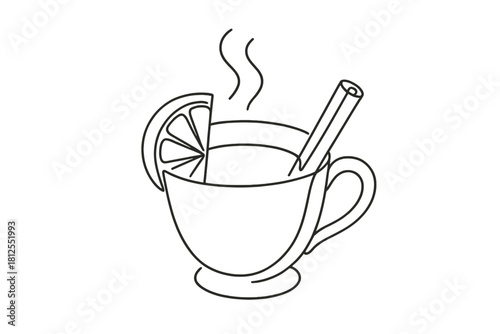 Minimalist Festive Beverage. Festive drink close-up. Minimalistic one-line drawing steaming cup with orange