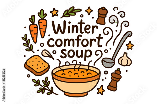 Winter Comfort Soup Delight. Winter comfort soup. Hand-drawn doodle illustration of Winter comfort soup.