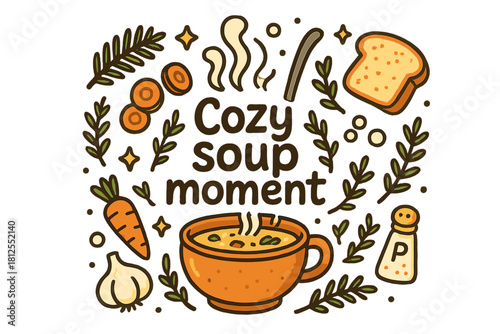 Cozy Soup Illustration. Cozy soup moment. Hand-drawn doodle illustration of Cozy soup moment. steaming ceramic