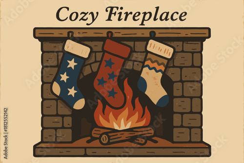 Nostalgic Fireplace Scene. Cozy fireplace with stockings. vintage serif script, shadowed outlines, aged print