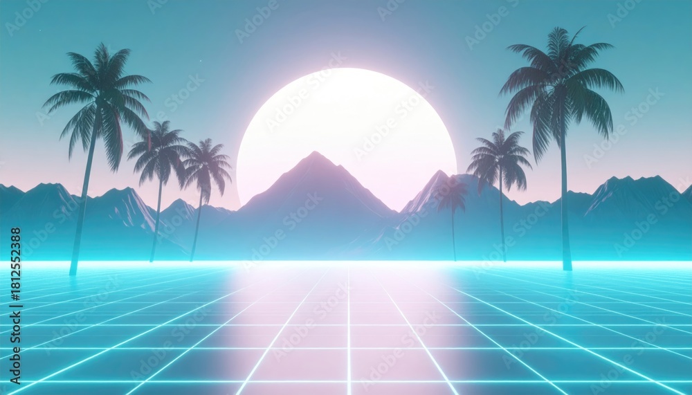 Naklejka premium Synthwave retro cyberpunk style landscape background banner or wallpaper