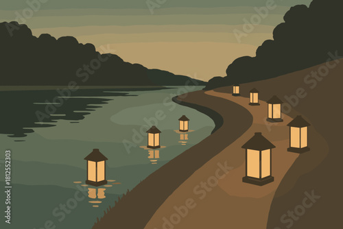 Riverside Lanterns at Dusk. Riverside lantern path minimalist flat illustration of lanterns floating alongside