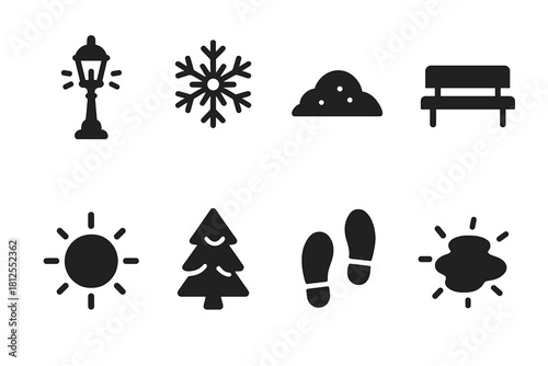Winter Evening Icons. Evening winter lights. Filled icon set of Evening winter lights: lamp post, snowflake,