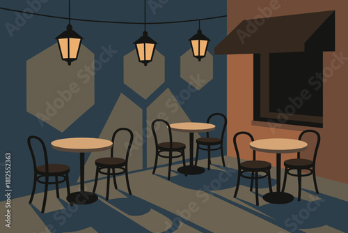 Minimalist Cafe Evening. Evening cafe terrace minimalist flat illustration of tables outside a small cafe,