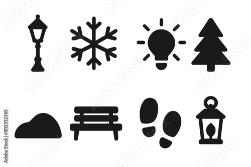 Winter Icon Set. Winter street decor. Filled icon set of Winter street decor: street lamp, snowflake, glowing