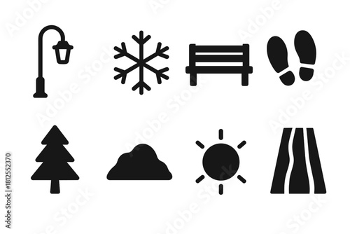 Winter Night Icon Set. Winter night street. Filled icon set of Winter night street: street lamp, snowflake,