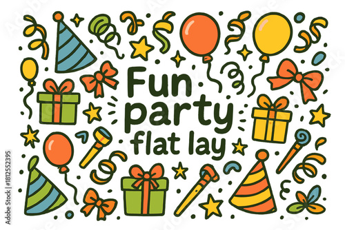 Party Celebration Layout. Fun party flat lay. Hand-drawn doodle illustration of Fun party flat lay. party hats