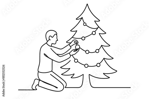 Minimalist Christmas Decor. Cozy tree setup. Minimalistic one-line drawing individual arranging baubles and