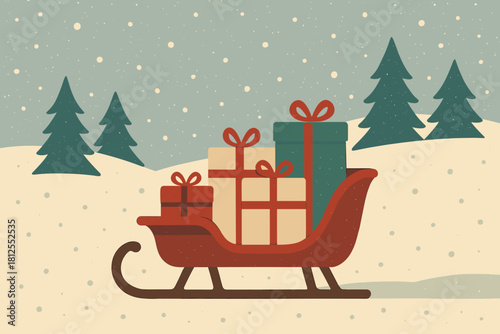 Winter Sleigh Gifts. Cozy winter delivery minimalist flat illustration of a sleigh carrying gifts across a
