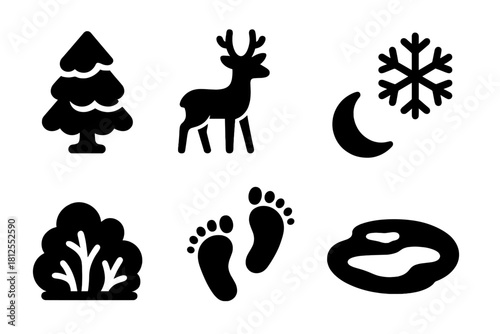 Winter Forest Icons. Peaceful winter forest. Filled icon set of Peaceful winter forest: snow-covered pine,