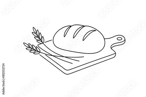 One-Line Bread Art. Bread baking at home. Minimalistic one-line drawing of a loaf of bread on a cutting board