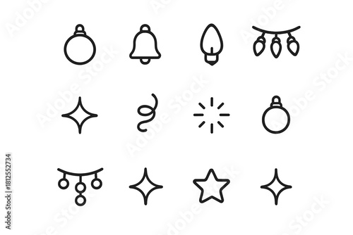 Mini Baubles Icons. Mini baubles and lights. Line outline icon set of Mini baubles and lights: tiny round
