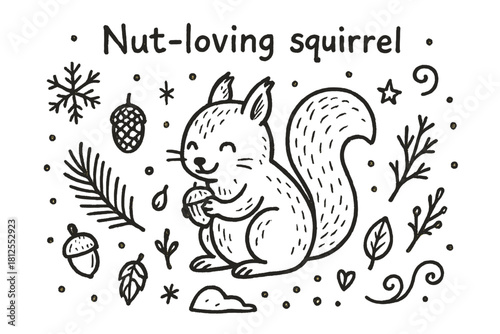 Nut-Loving Squirrel Delight. Nut-loving squirrel. Hand-drawn doodle illustration of Nut-loving squirrel.