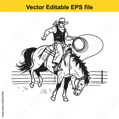 Black and white vector line art illustration of a cowboy riding a bucking horse while holding a lasso, isolated on