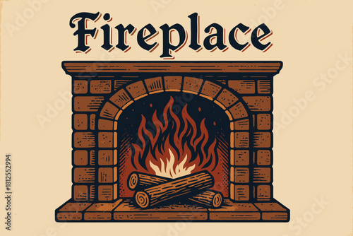 Cozy Vintage Fireplace. Fireplace with wood logs. vintage serif script, shadowed outlines, aged print texture,