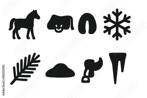 Winter Horse Icon Set. Winter horse details. Filled icon set of Winter horse details: horse, blanket, hoof
