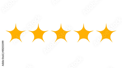 Five Yellow Spark Star Rating Icon with Minimal Flat Bright Review Symbols, Simple Feedback Score Design for UI, Web Interface and Customer Evaluation