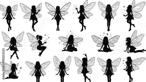 Mystical Fairy Silhouettes Collection for Magical Design Projects, Including Flying, Sitting, and Standing Woodland Pixie Characters Vector Graphics
