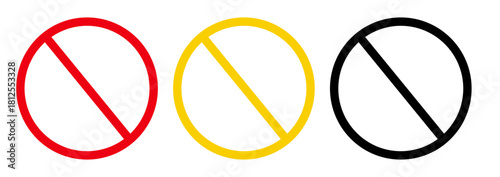 Red Yellow and Black Prohibition Icon Set with Minimal Flat Circle Outline Block Symbol, Simple No Entry Warning Sign Design for UI and Web Interface