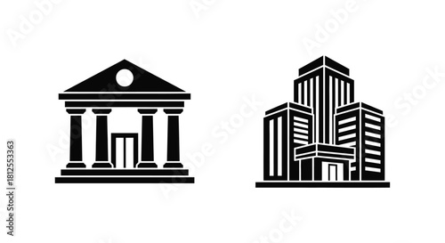 Black and white illustration depicting a classic bank building and modern skyscraper