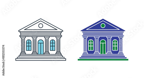 Stylized depictions of classical bank buildings in monochrome and color variations