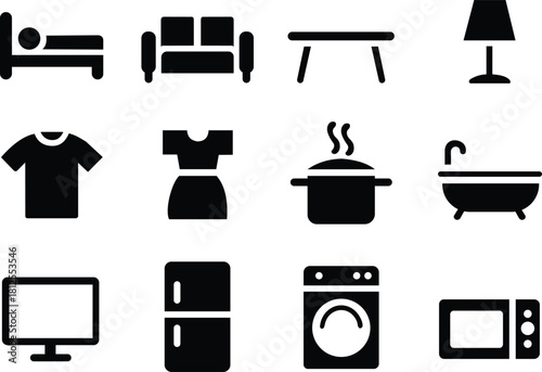 Set of black solid home furniture and appliance icons 