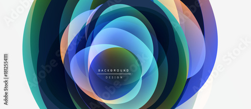 Abstract circles overlap, creating vibrant color gradients. Design features text background design within central glow. Modern, dynamic composition.